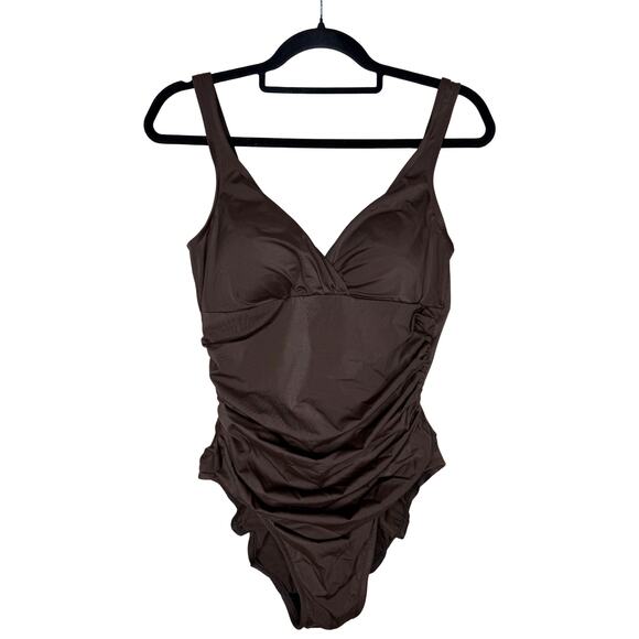 Croft & Barrow Body Sculptor Ruched One-Piece Swimsuit Size 12 Brown Slimming - Picture 1 of 12